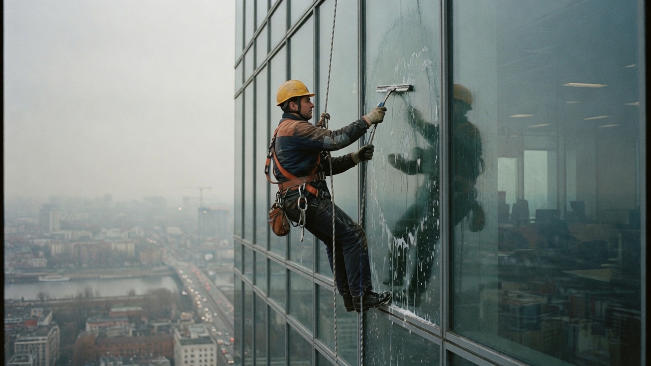 A rope-access cleaner hanging on the glass of a commercial tower