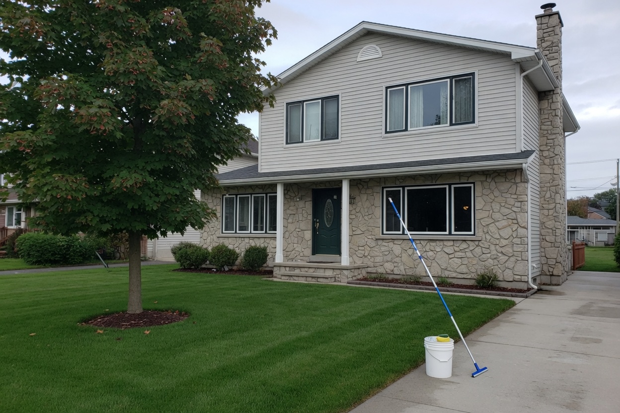 Two-storey stone and siding house with a cleaning pole on the walk