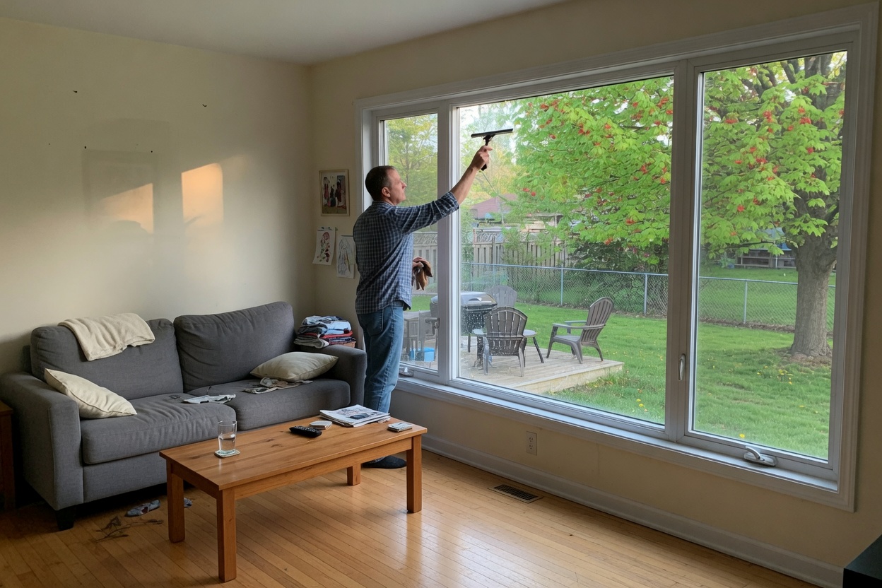Cleaner wiping the inside of a wide living-room window onto a backyard