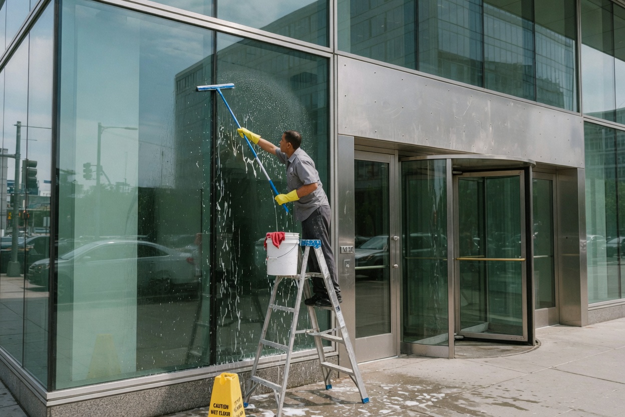 Cleaner on a ladder washing the glass at an office entrance