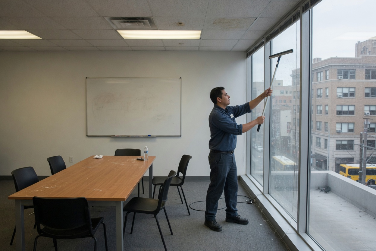 Cleaner using a pole on the inside glass of an office meeting room