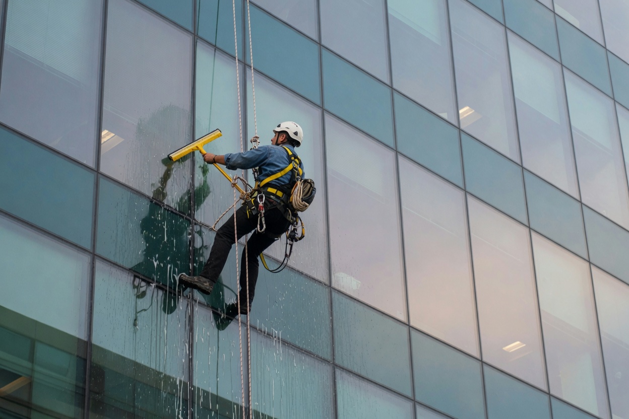 Rope-access cleaner on a glass office facade