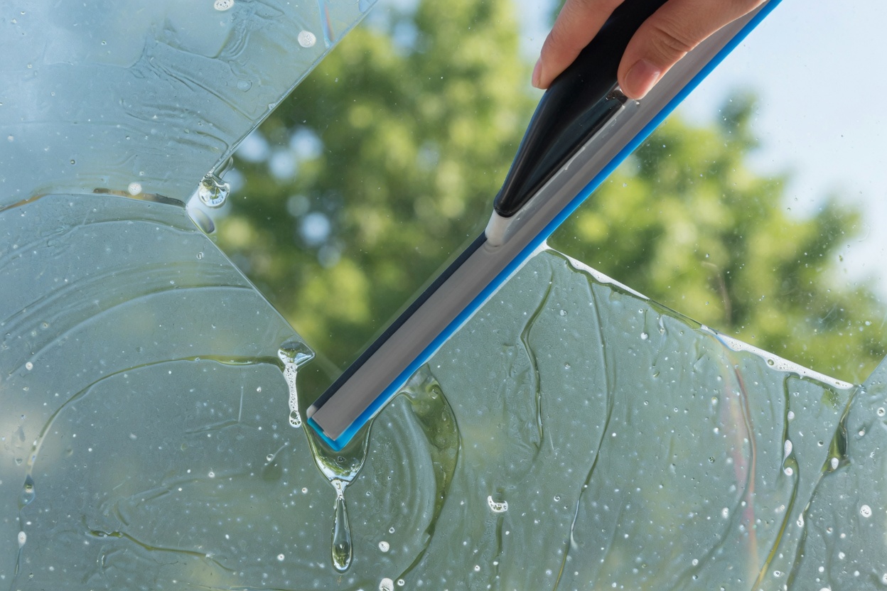 Close view of a squeegee pulling water down glass